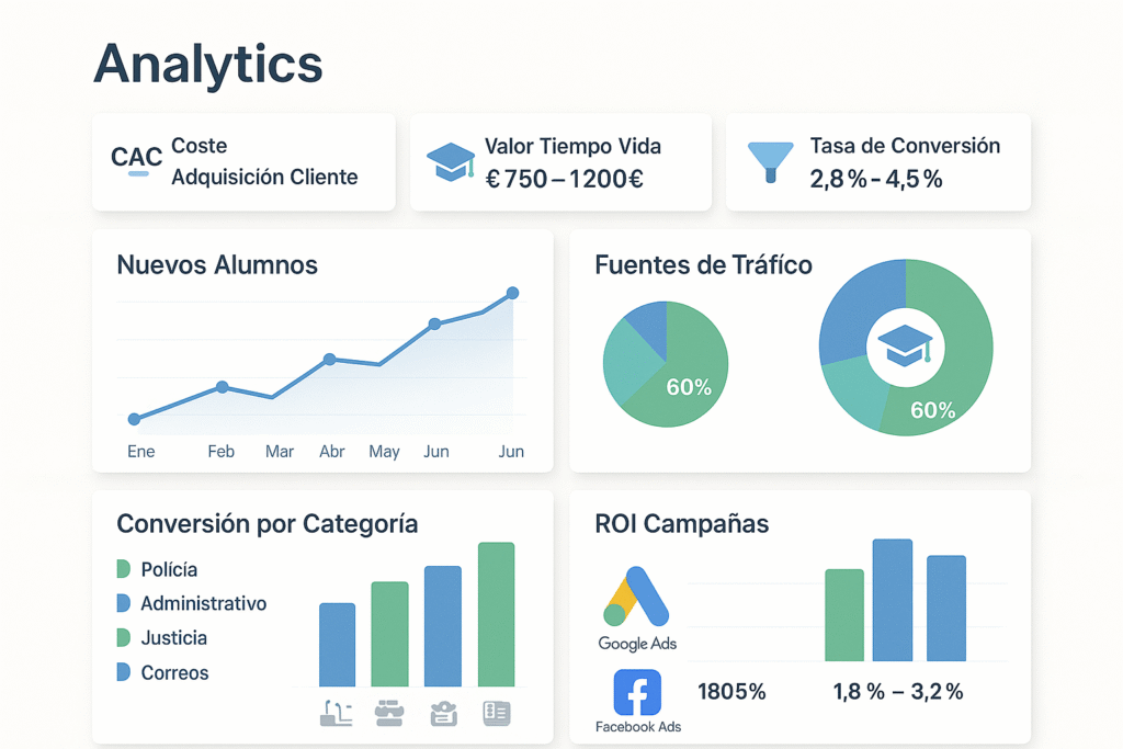 Dashboard de métricas y KPIs para captación de alumnos en academias de oposiciones online mostrando CAC, LTV y conversiones